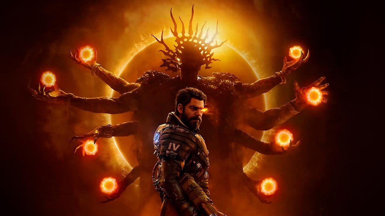 Captura de pantalla de Saros con el protagonista en un entorno alienígena de ciencia ficción