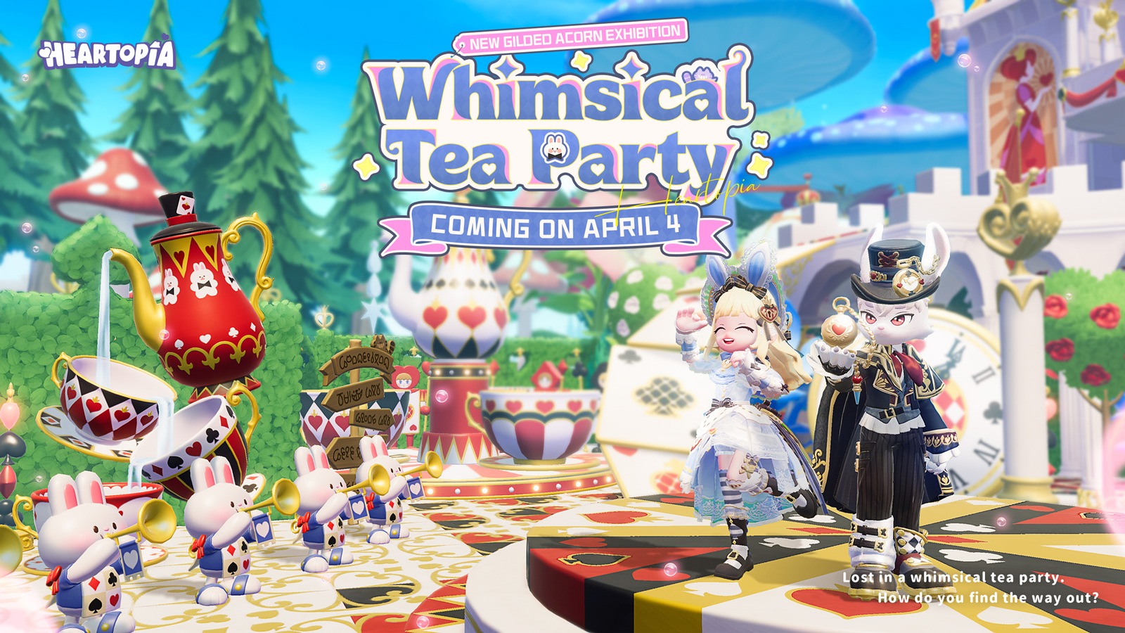 Pantalla del evento Whimsical Tea Party de Heartopia con decorados y personajes del juego
