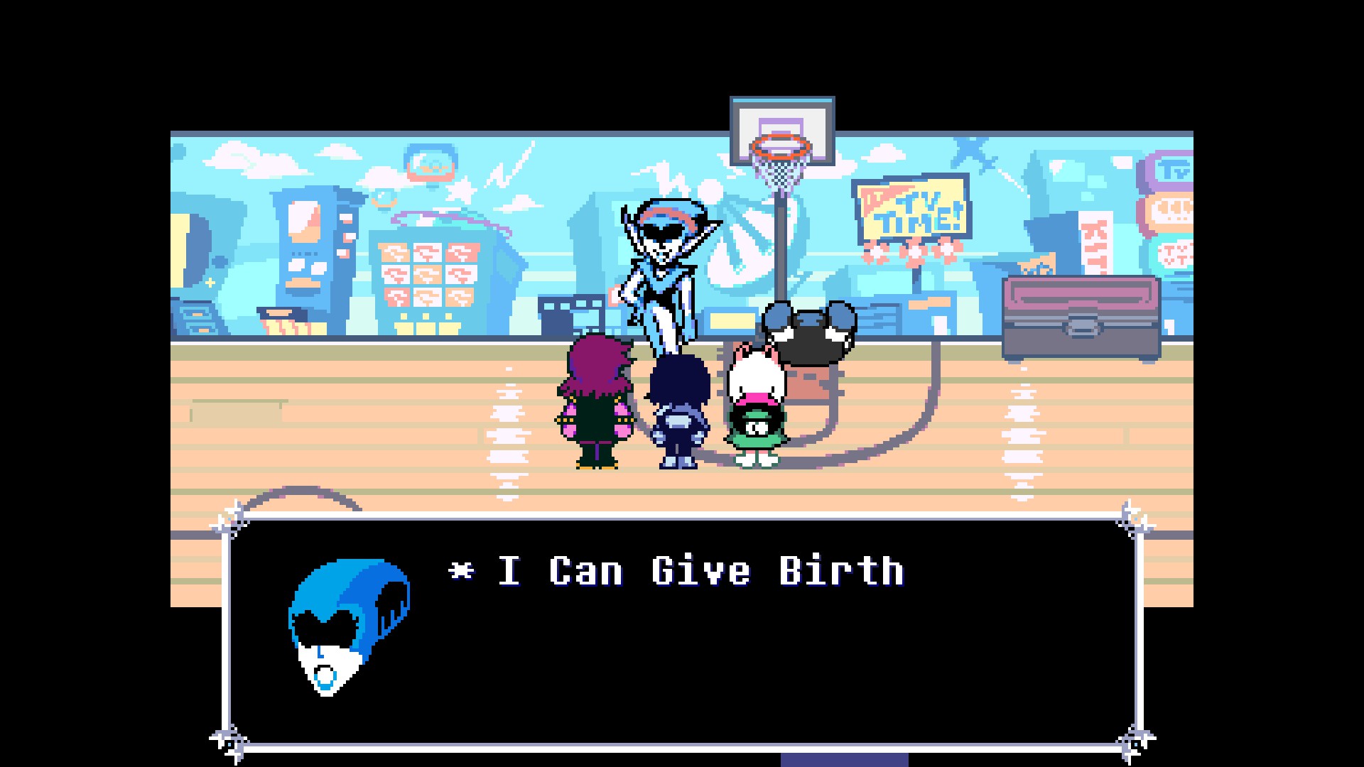 Deltarune - Captura de pantalla del juego mostrando personajes en una escena del Capítulo 5