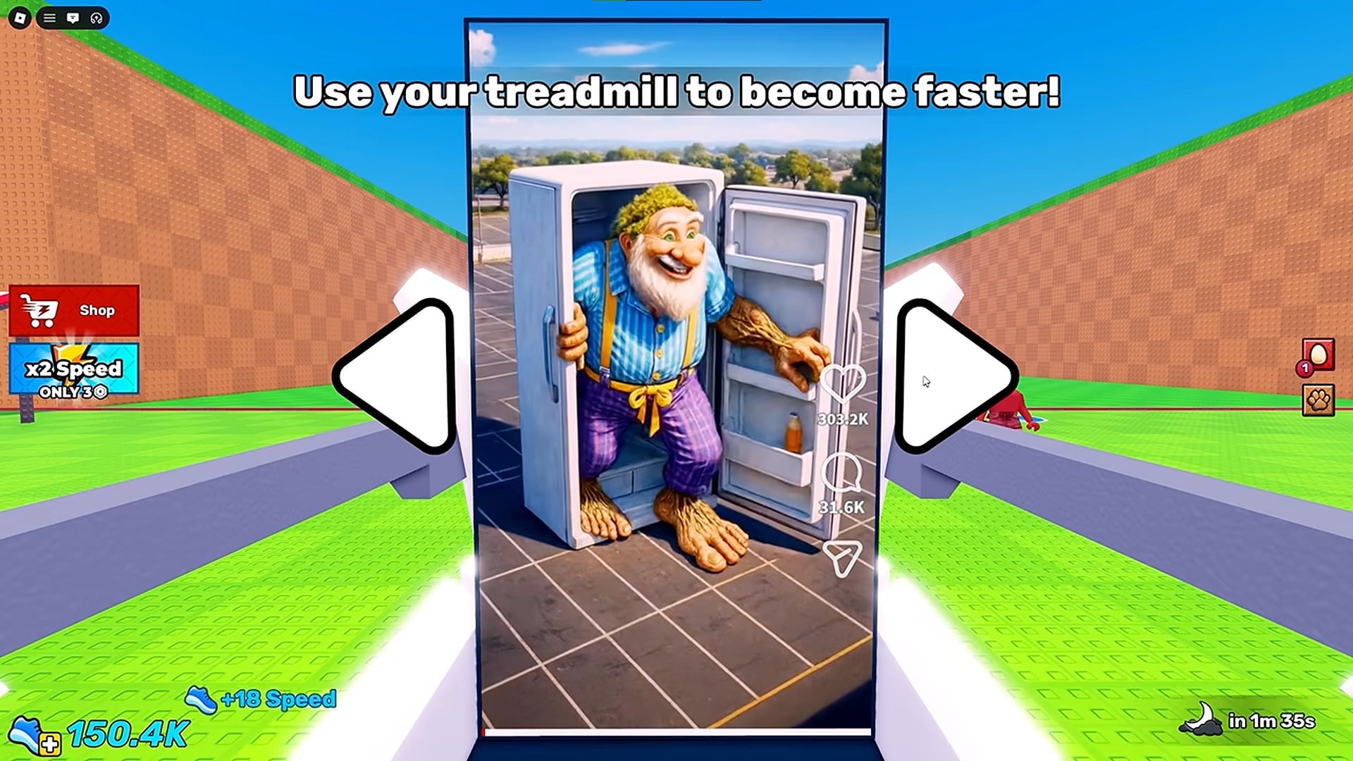 Captura de un juego de doomscrolling en Roblox mostrando una cinta de correr con reels en pantalla