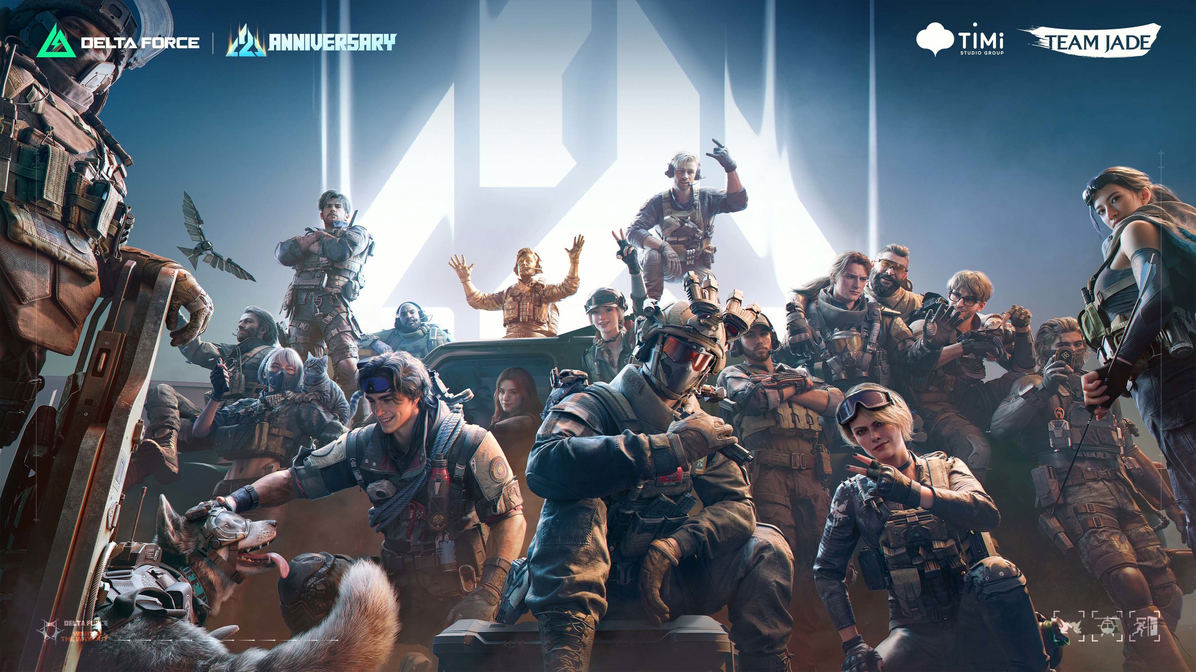 Arte clave del segundo aniversario de Delta Force con soldados y logotipo